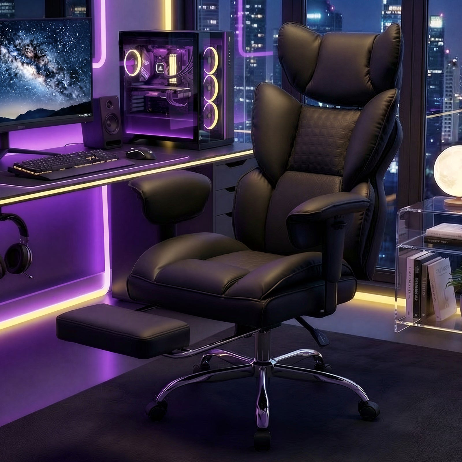 Gaming Computer Chair, Executive Ergonomic Chair With Footrest, High-back Reclining Design