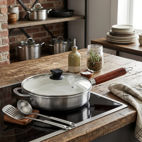 925 Sterling Silver Stainless Steel Sauté Pan with Tempered Glass Lid and Ergonomic Wooden Handle - Handicraft