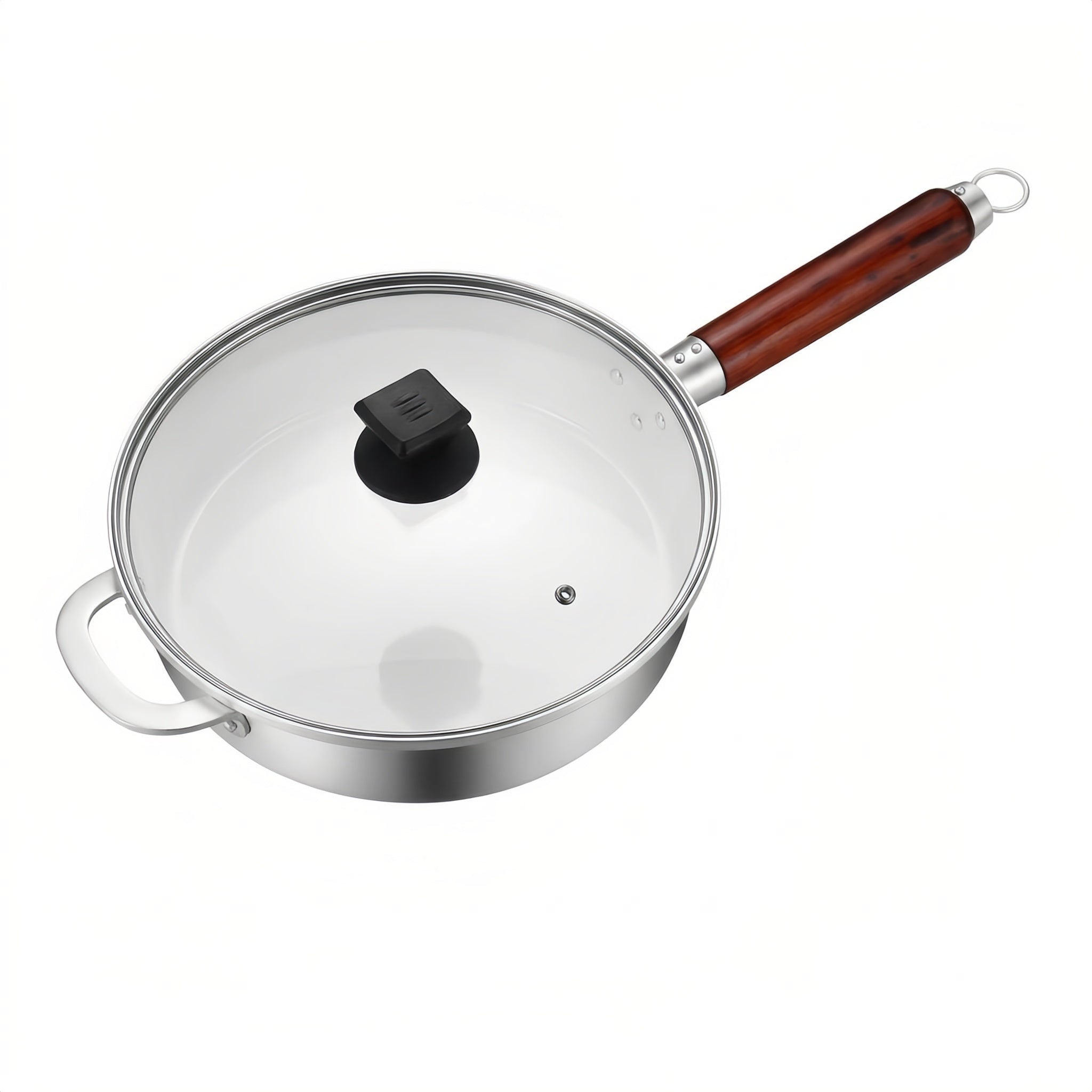 925 Sterling Silver Stainless Steel Sauté Pan with Tempered Glass Lid and Ergonomic Wooden Handle - Handicraft