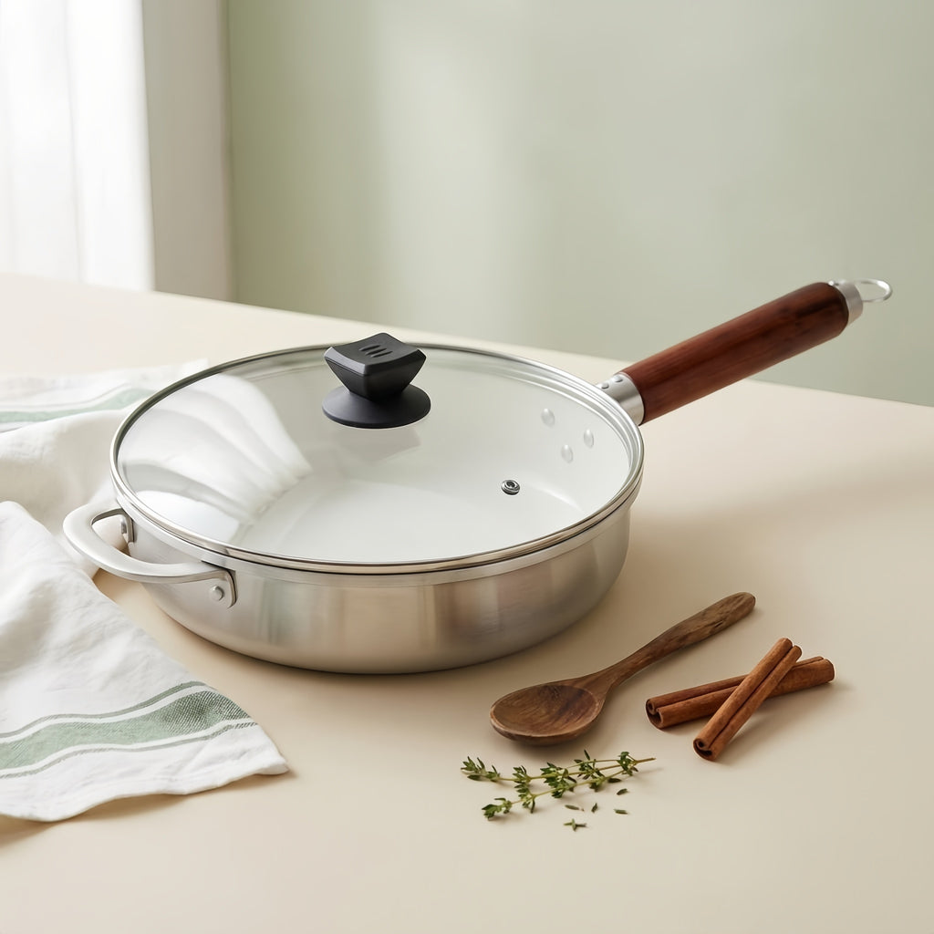 925 Sterling Silver Stainless Steel Sauté Pan with Tempered Glass Lid and Ergonomic Wooden Handle - Handicraft